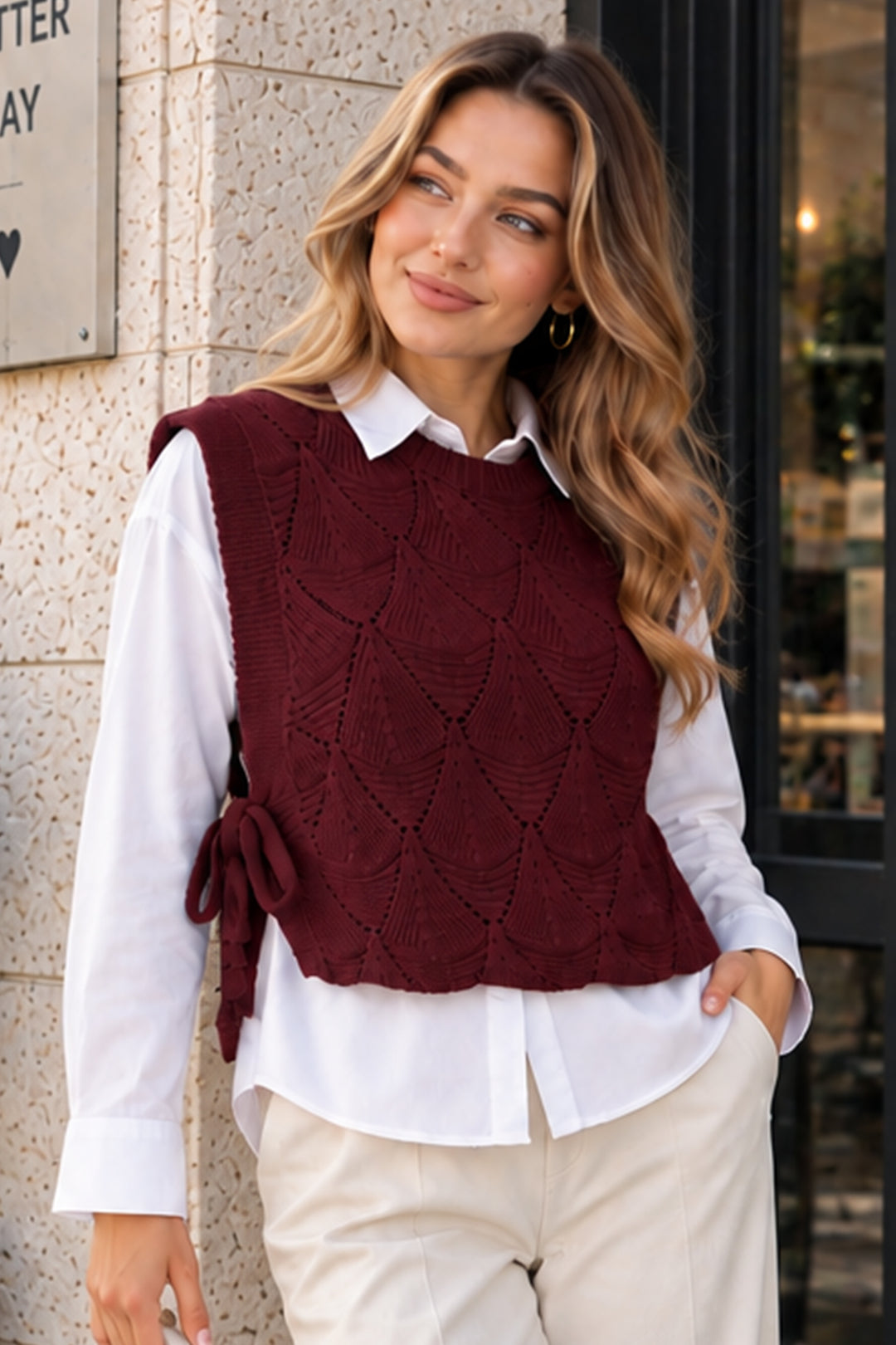 BNG Women Desenli Triko Süveter N520 Bordo - Chillum