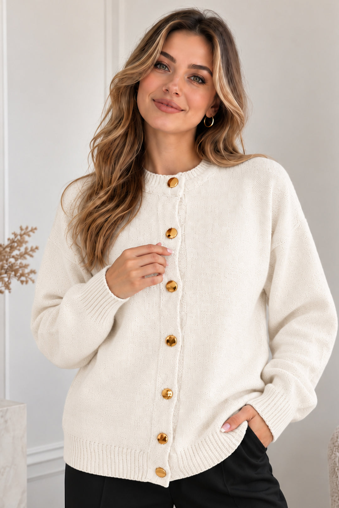 BNG Women Düğmeli Triko Hırka N525 Ekru - Indian Trail