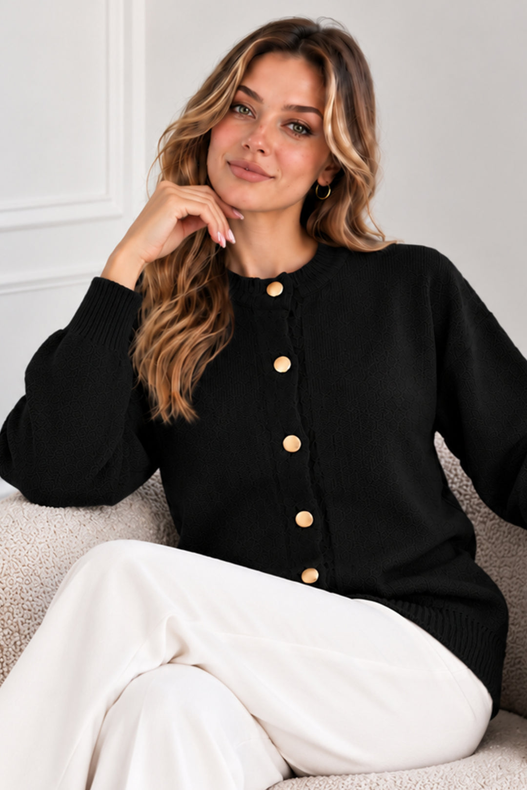 BNG Women Düğmeli Triko Hırka N525 Siyah - Tlaquepaque