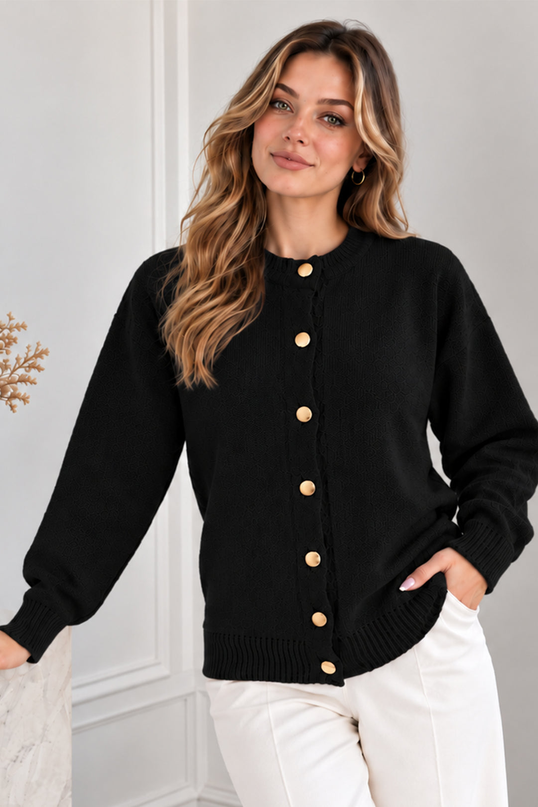 BNG Women Düğmeli Triko Hırka N525 Siyah - Tlaquepaque