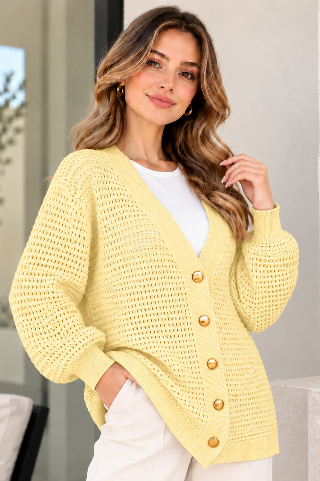 BNG Women Ajurlu Merserize Hırka N3345 Limon Sarısı - Jacksonville
