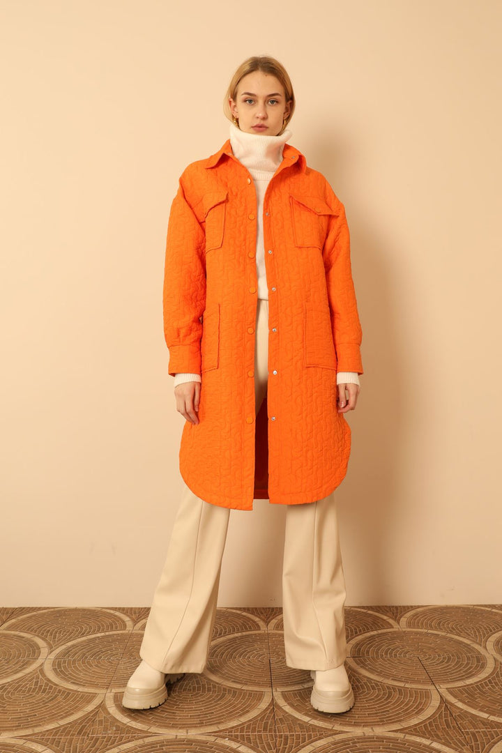 KKT Jakar Fabric Geometric Pattern Oversize Long Women Shirt-Orange - Timişoara