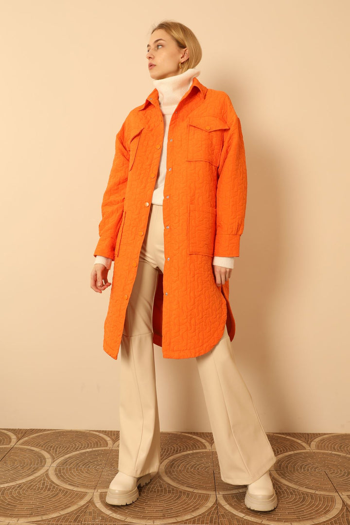 KKT Jakar Fabric Geometric Pattern Oversize Long Women Shirt-Orange - Timişoara