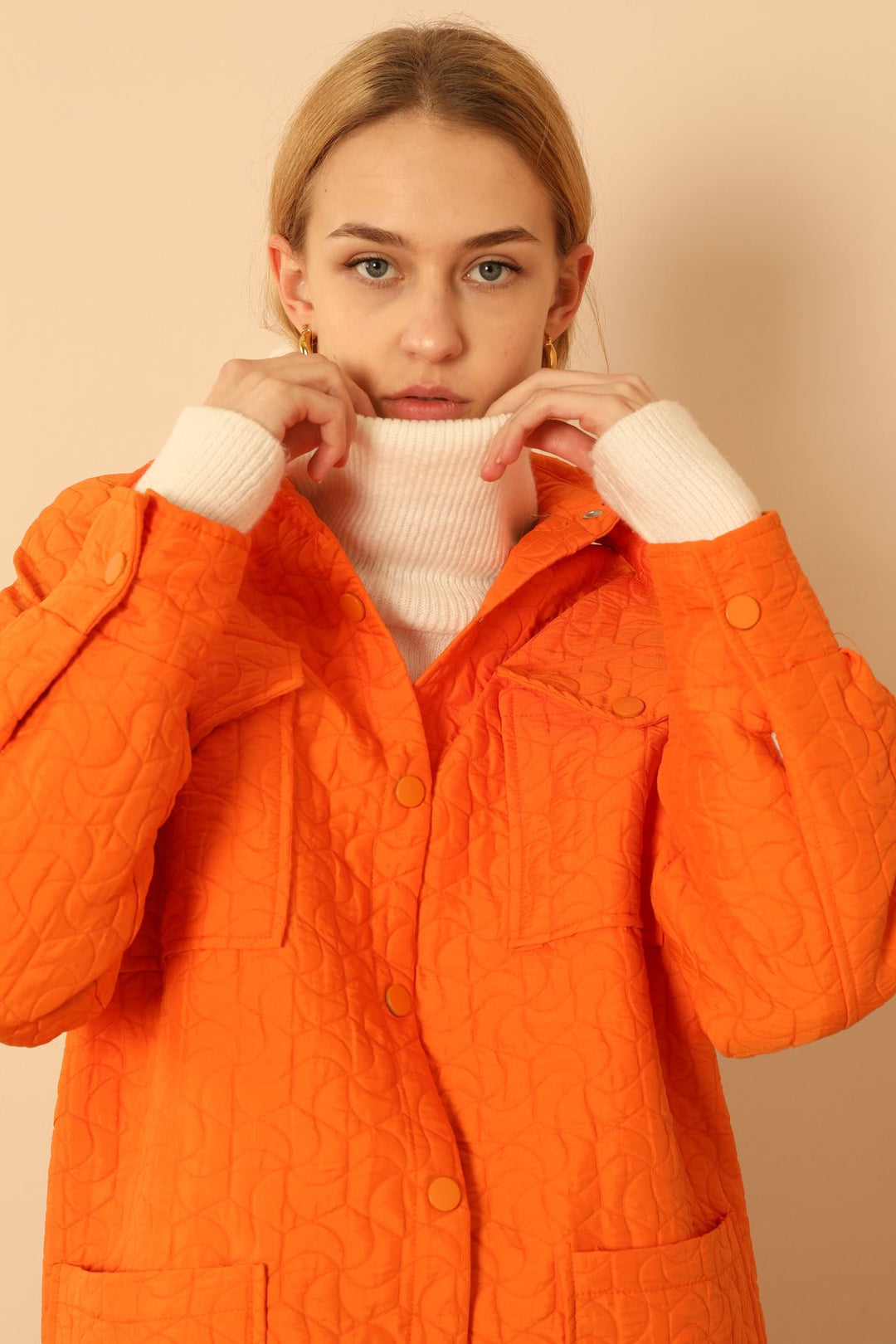 KKT Jakar Fabric Geometric Pattern Oversize Long Women Shirt-Orange - Timişoara