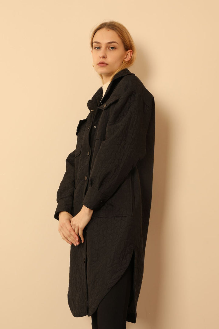 KKT Jakar Fabric Geometric Pattern Oversize Long Women Shirt-Black - Puerto Peñasco