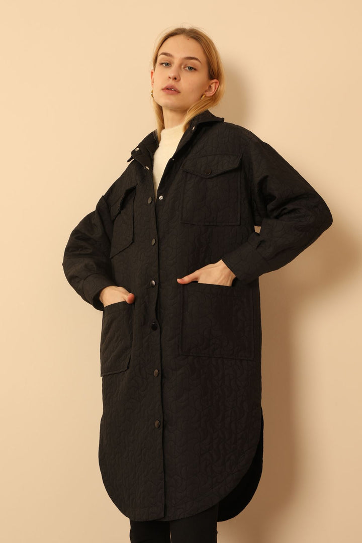 KKT Jakar Fabric Geometric Pattern Oversize Long Women Shirt-Black - Puerto Peñasco
