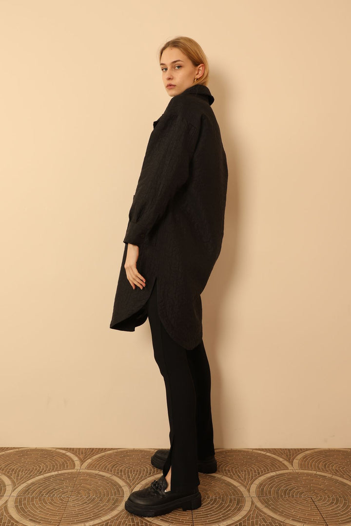 KKT Jakar Fabric Geometric Pattern Oversize Long Women Shirt-Black - Puerto Peñasco