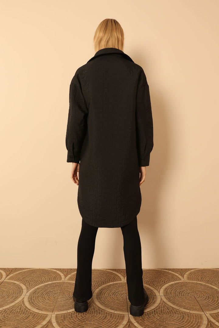 KKT Jakar Fabric Geometric Pattern Oversize Long Women Shirt-Black - Puerto Peñasco