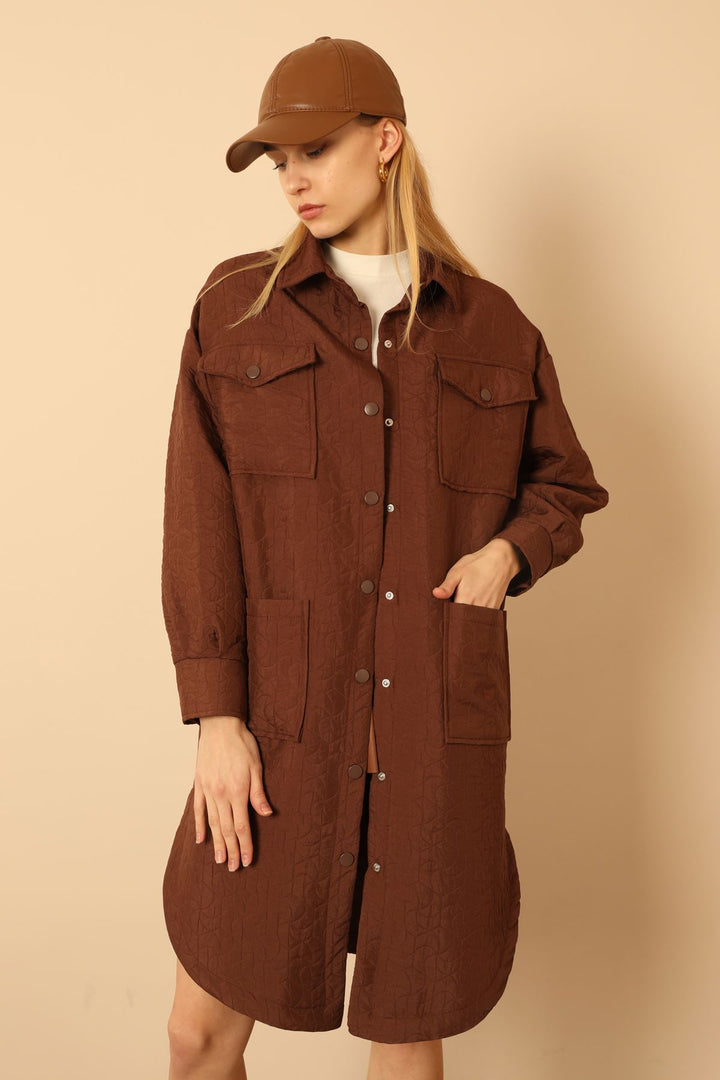 KKT Jakar Fabric Geometric Pattern Oversize Long Women Shirt-Brown - Véroia