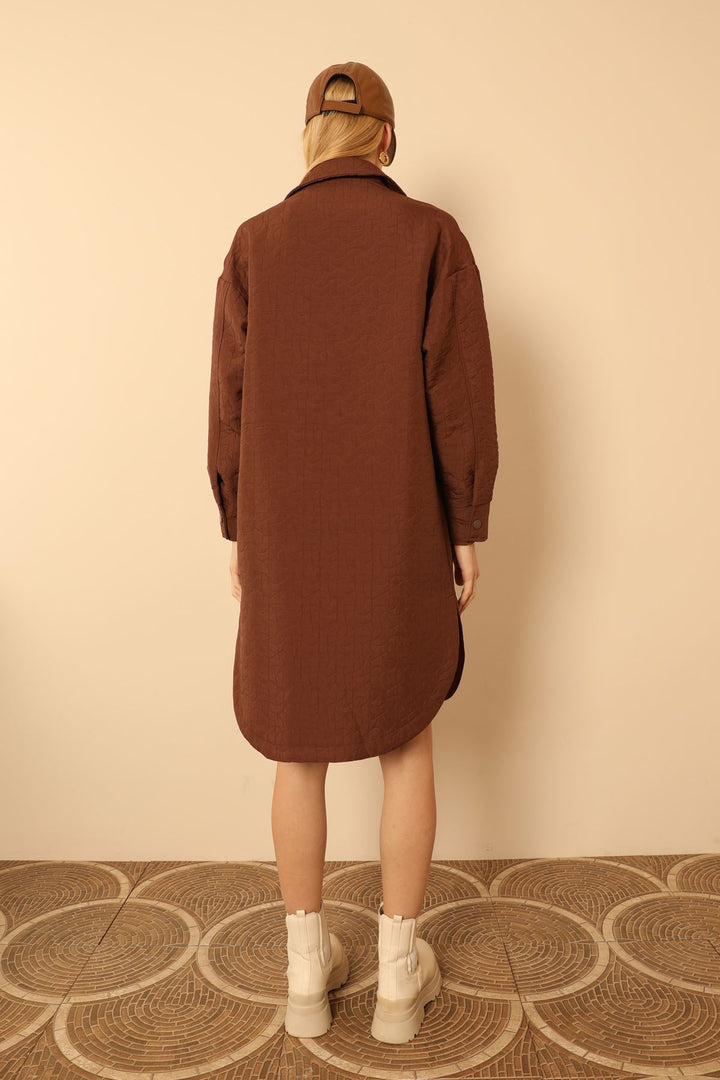 KKT Jakar Fabric Geometric Pattern Oversize Long Women Shirt-Brown - Véroia