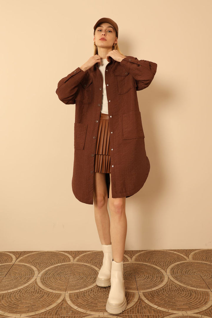 KKT Jakar Fabric Geometric Pattern Oversize Long Women Shirt-Brown - Véroia