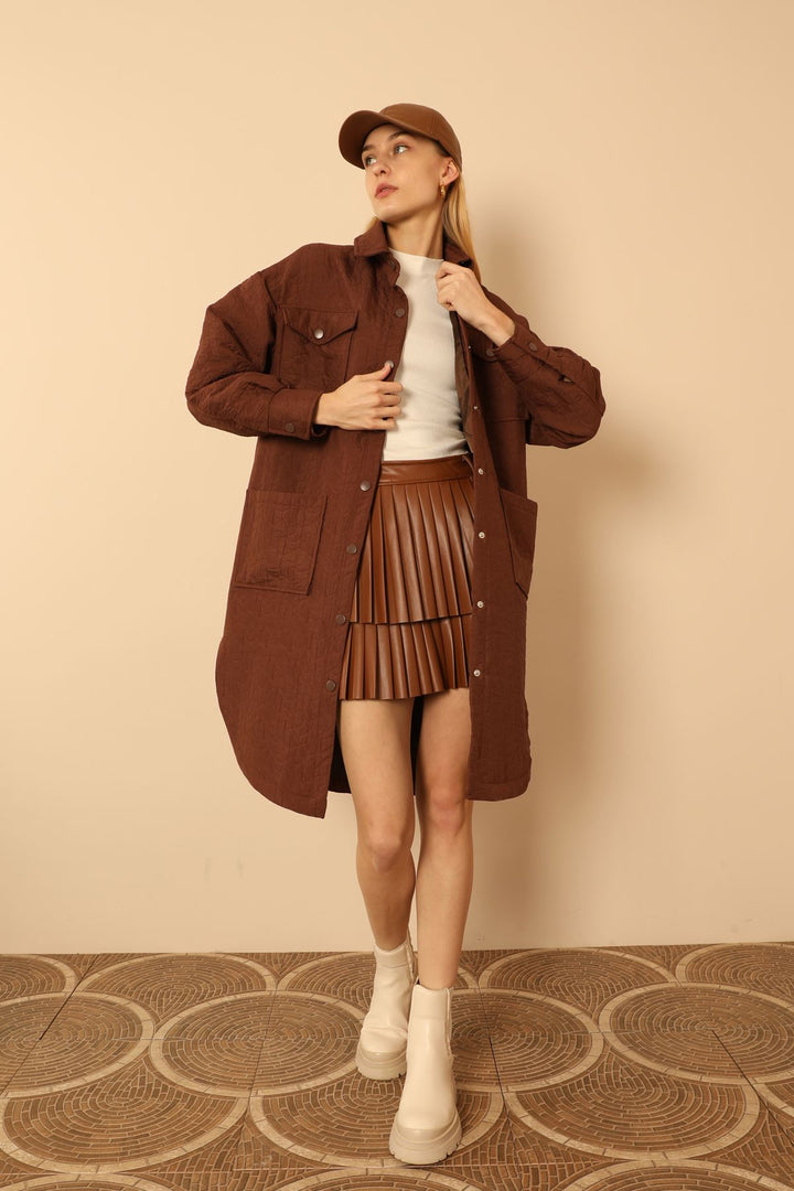 KKT Jakar Fabric Geometric Pattern Oversize Long Women Shirt-Brown - Véroia
