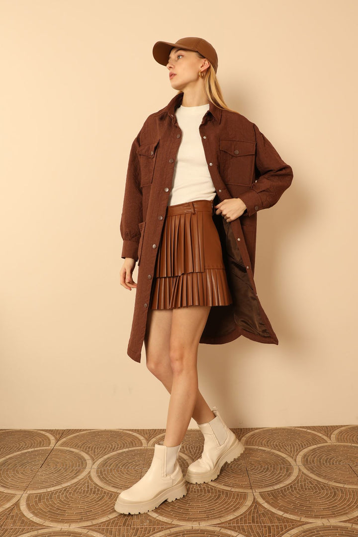KKT Jakar Fabric Geometric Pattern Oversize Long Women Shirt-Brown - Véroia