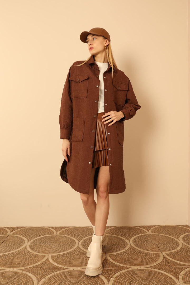 KKT Jakar Fabric Geometric Pattern Oversize Long Women Shirt-Brown - Véroia