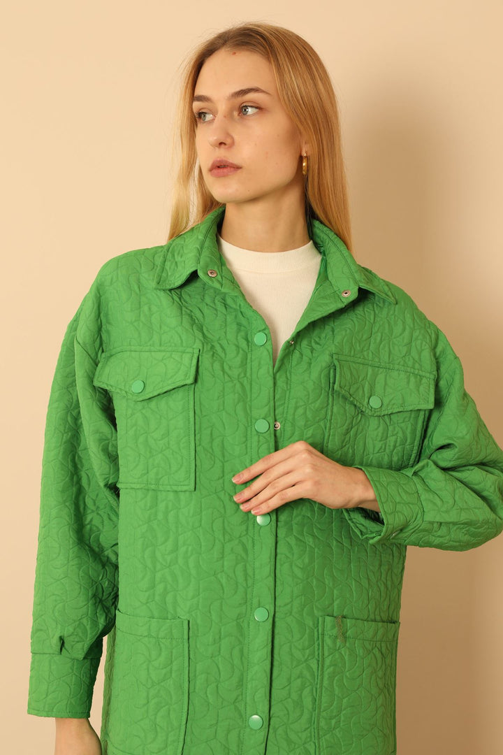 KKT Jakar Fabric Geometric Pattern Oversize Long Women Shirt-Green - Windsor