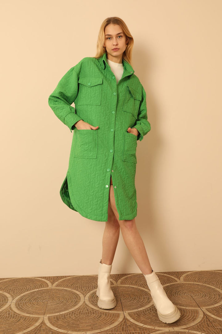 KKT Jakar Fabric Geometric Pattern Oversize Long Women Shirt-Green - Windsor