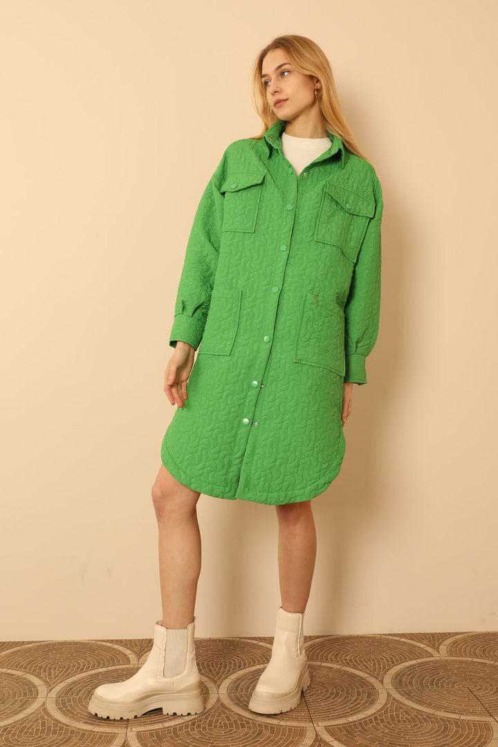 KKT Jakar Fabric Geometric Pattern Oversize Long Women Shirt-Green - Windsor