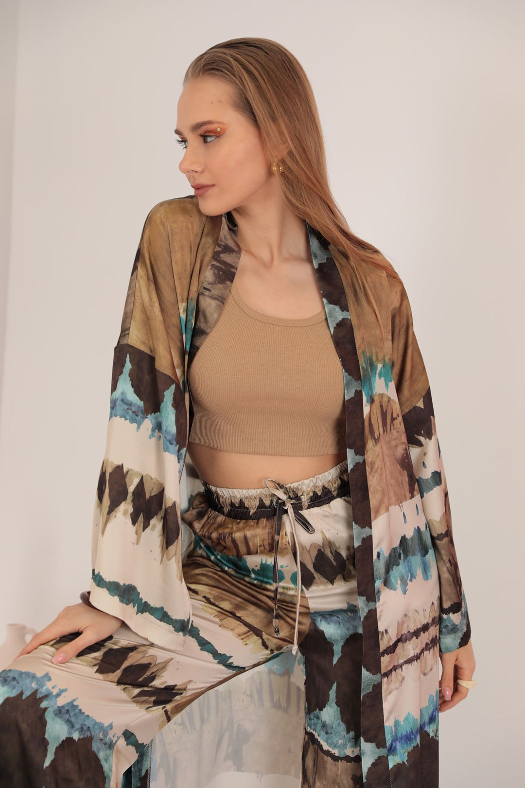 KKT Satin Fabric Batik Pattern Women's Kimono-Blue - Bloomington