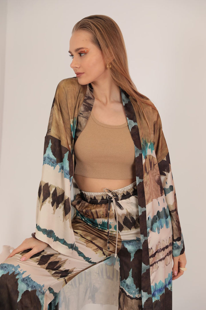 KKT Satin Fabric Batik Pattern Women's Kimono-Blue - Bloomington