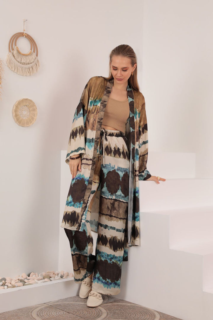 KKT Satin Fabric Batik Pattern Women's Kimono-Blue - Bloomington