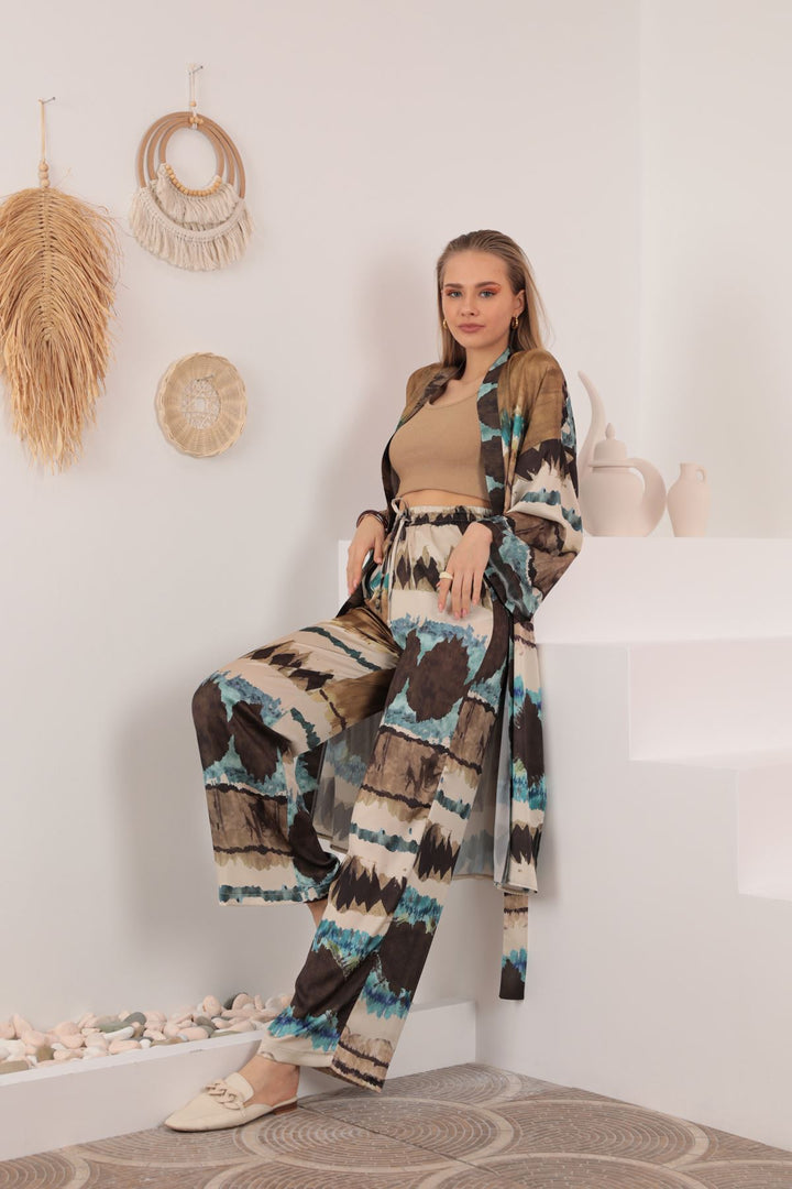 KKT Satin Fabric Batik Pattern Women's Kimono-Blue - Bloomington