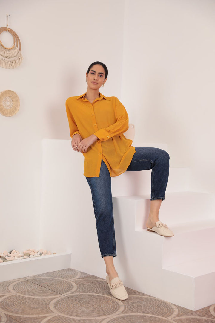 KKT Aerobin Chiffon Fabric Women's Loose Shirt-Mustard - Enerhodar