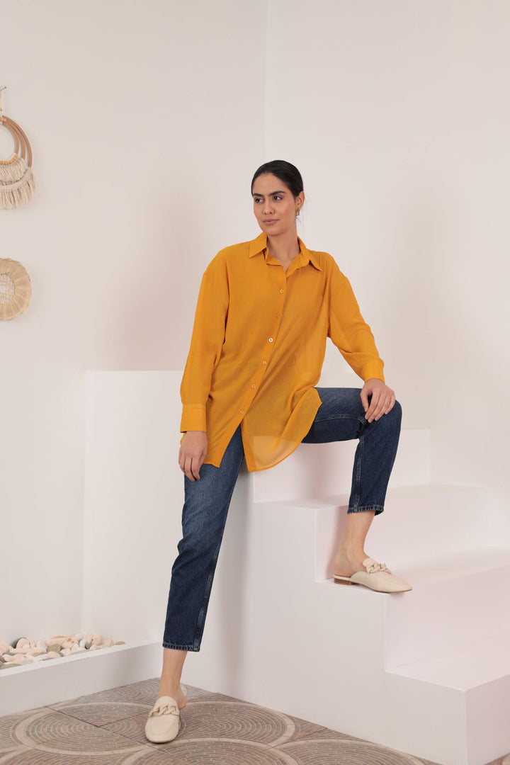 KKT Aerobin Chiffon Fabric Women's Loose Shirt-Mustard - Enerhodar