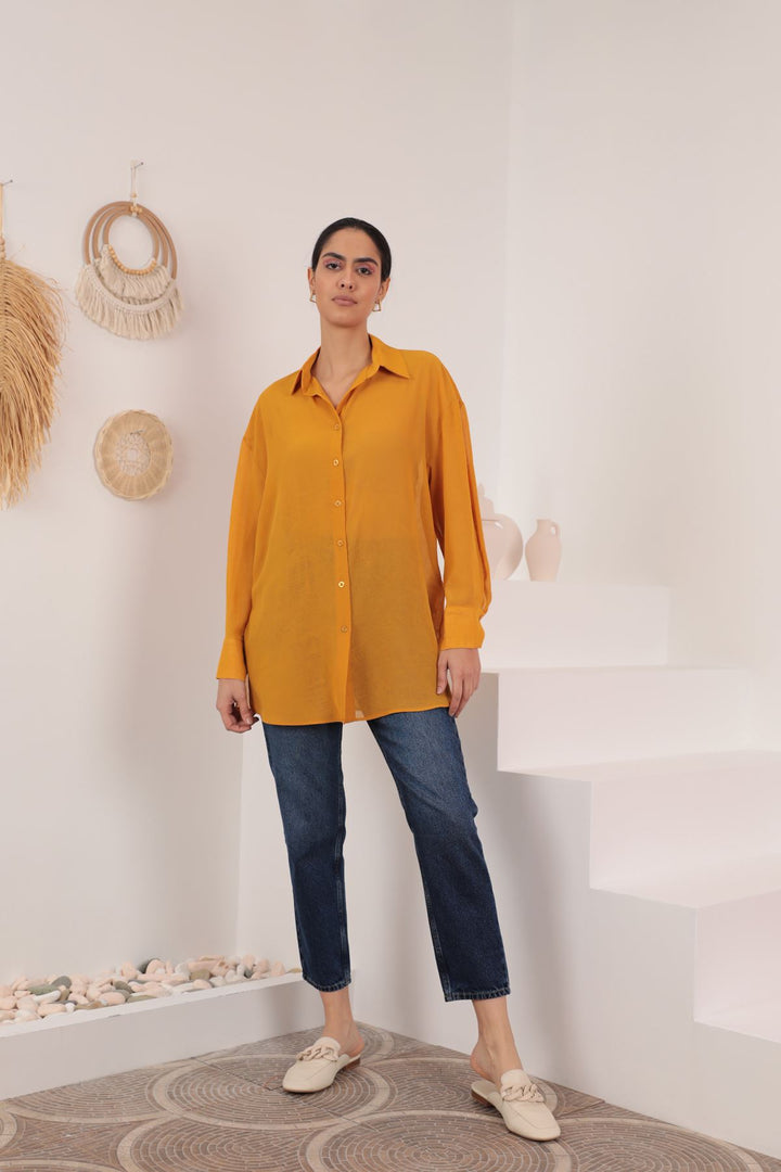 KKT Aerobin Chiffon Fabric Women's Loose Shirt-Mustard - Enerhodar