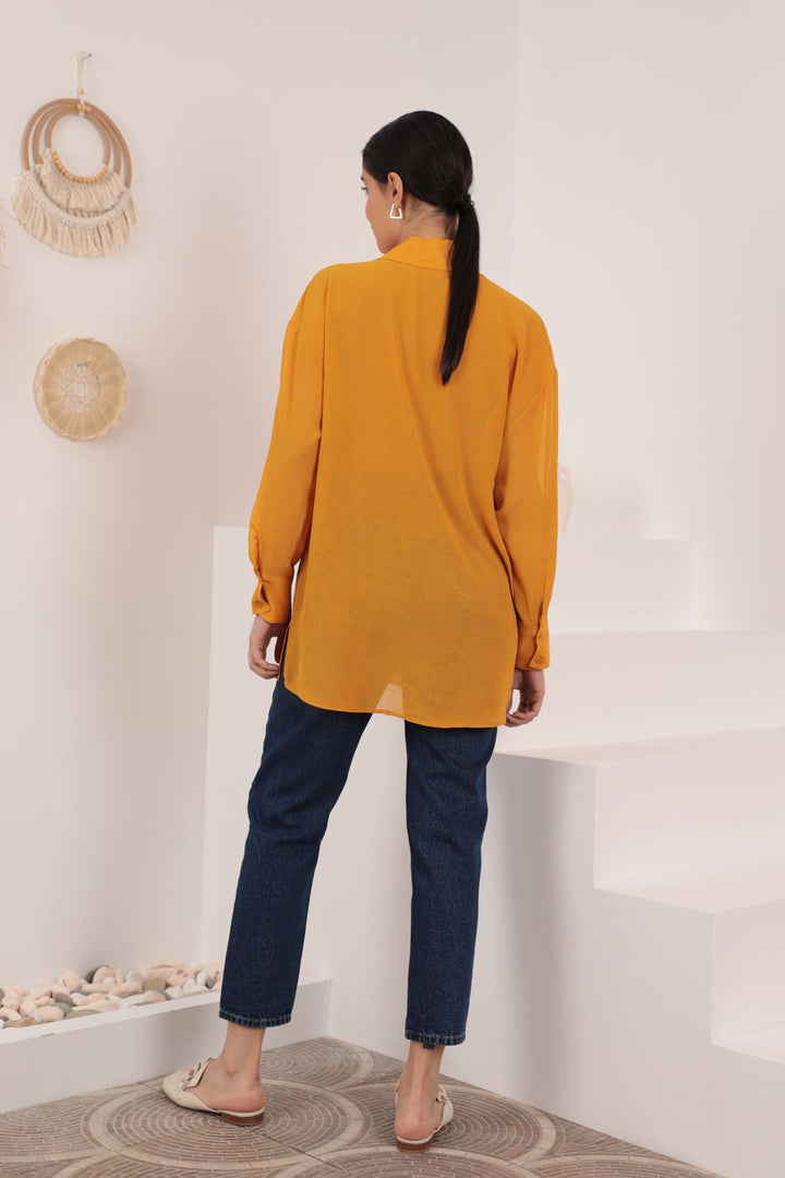 KKT Aerobin Chiffon Fabric Women's Loose Shirt-Mustard - Enerhodar