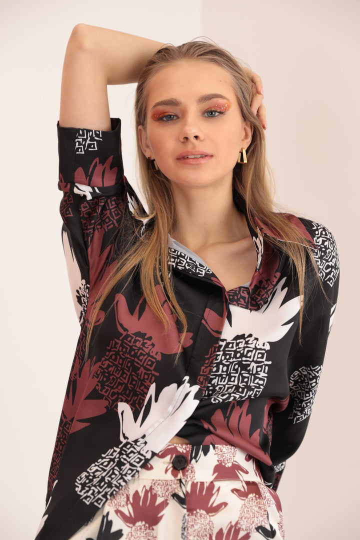 KKT Kobe Satin Fabric Pineapple Pattern Women's Shirt-Brown - Burlington