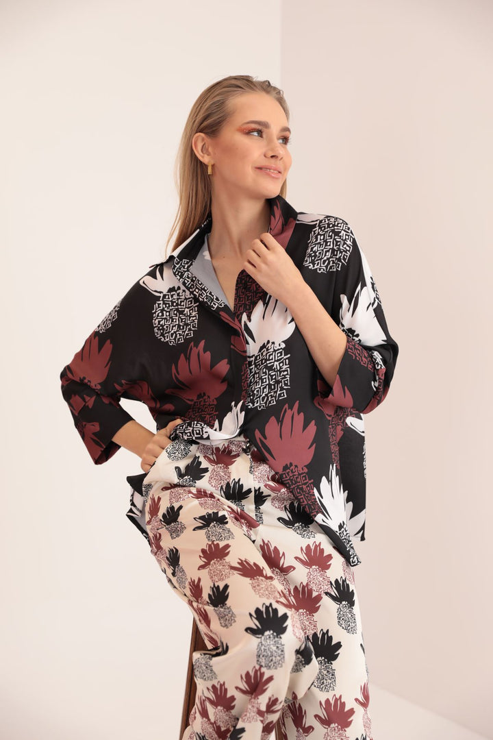 KKT Kobe Satin Fabric Pineapple Pattern Women's Shirt-Brown - Burlington