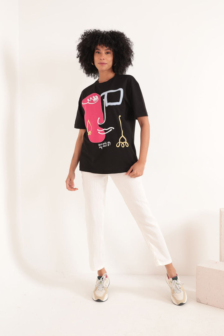 KKT Single Jersey Girl Embroidery Oversize Women's T-Shirt-Black - Lenexa