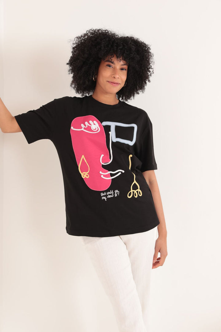 KKT Single Jersey Girl Embroidery Oversize Women's T-Shirt-Black - Lenexa