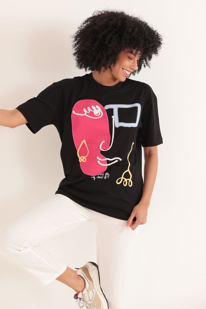 KKT Single Jersey Girl Embroidery Oversize Women's T-Shirt-Black - Lenexa