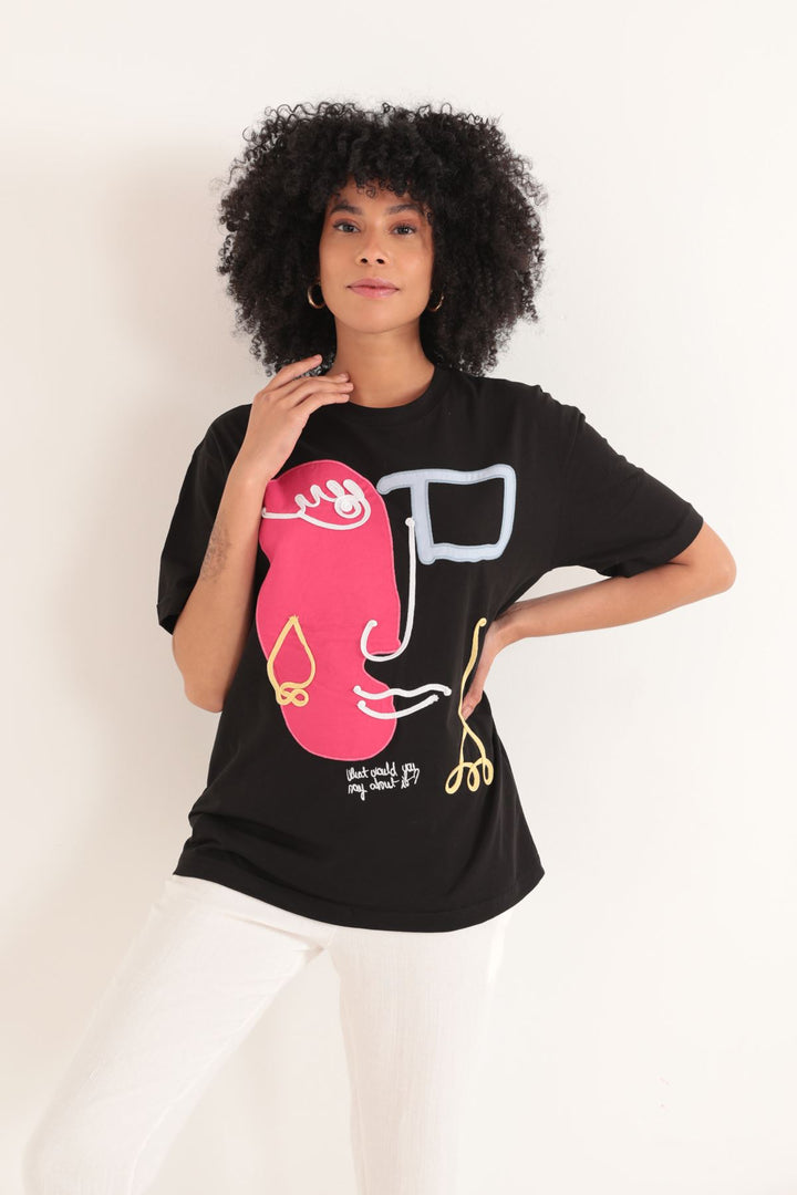 KKT Single Jersey Girl Embroidery Oversize Women's T-Shirt-Black - Lenexa