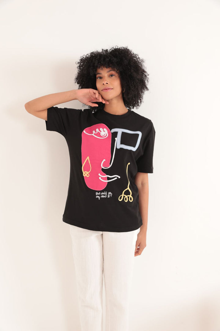 KKT Single Jersey Girl Embroidery Oversize Women's T-Shirt-Black - Lenexa