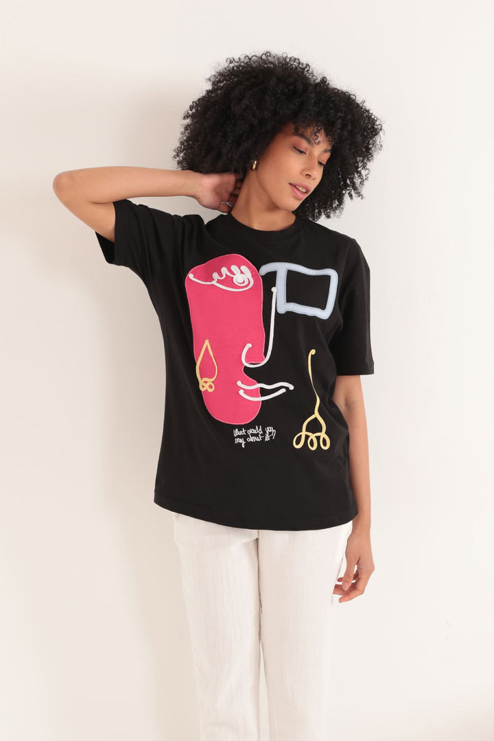 KKT Single Jersey Girl Embroidery Oversize Women's T-Shirt-Black - Lenexa
