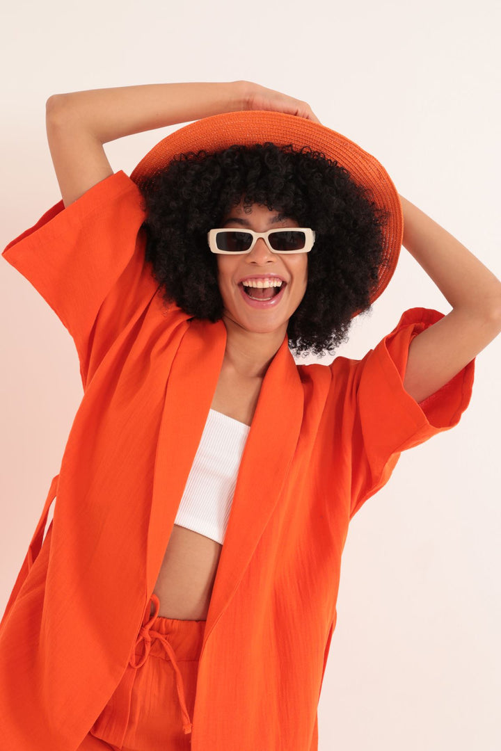 KKT Muslin Fabric Oversize Women's Kimono-Orange - Irpin