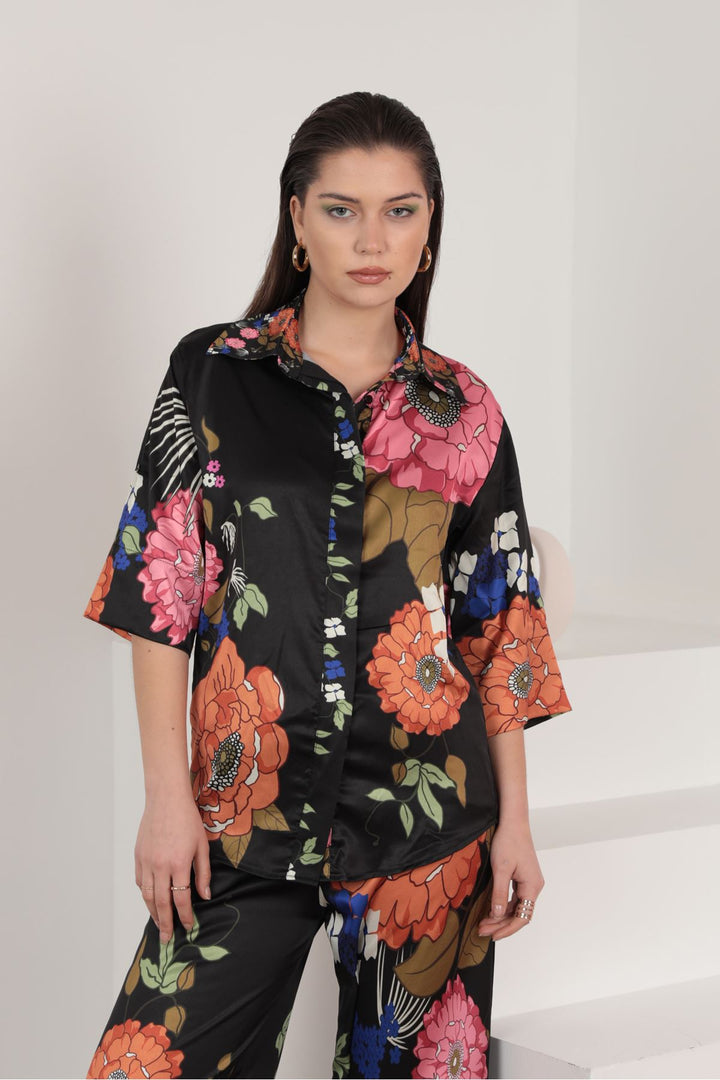 KKT Satin Fabric Big Flower Pattern Women Shirt-Black - Northbrook