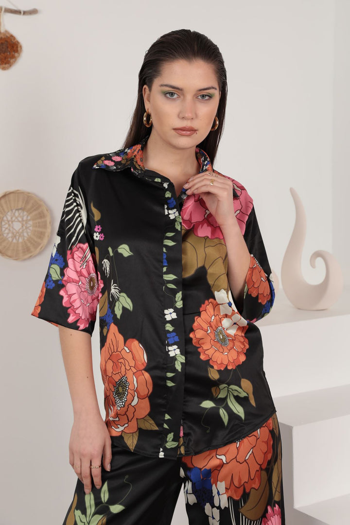 KKT Satin Fabric Big Flower Pattern Women Shirt-Black - Northbrook