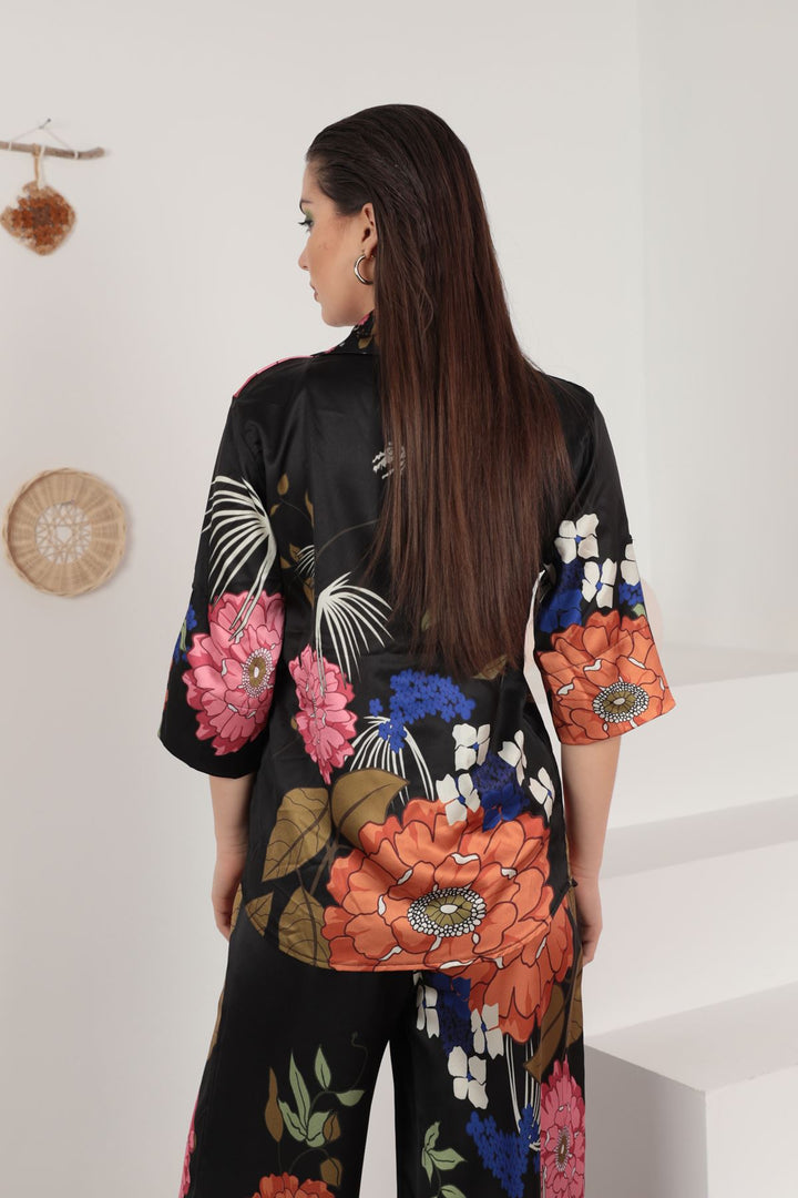 KKT Satin Fabric Big Flower Pattern Women Shirt-Black - Northbrook