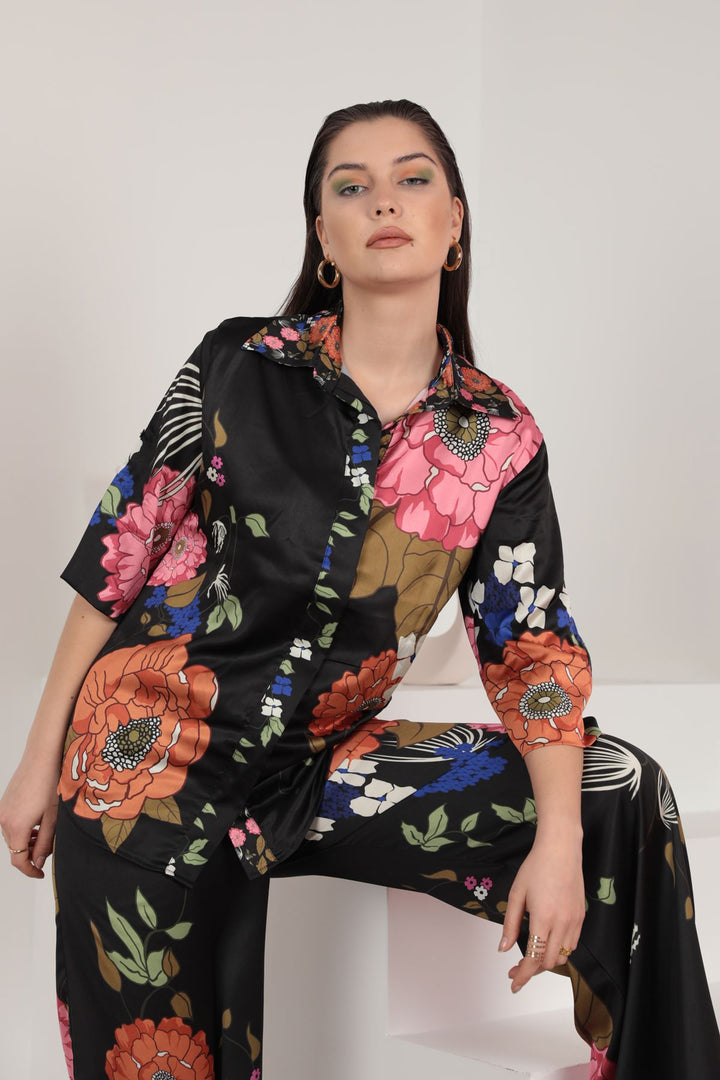 KKT Satin Fabric Big Flower Pattern Women Shirt-Black - Northbrook