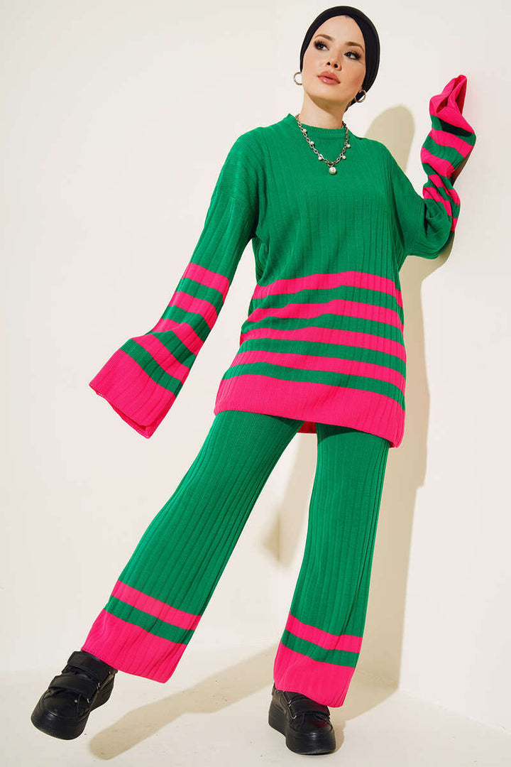BNG Women Casual Striped Sleeve Knit Set Green - Clermont