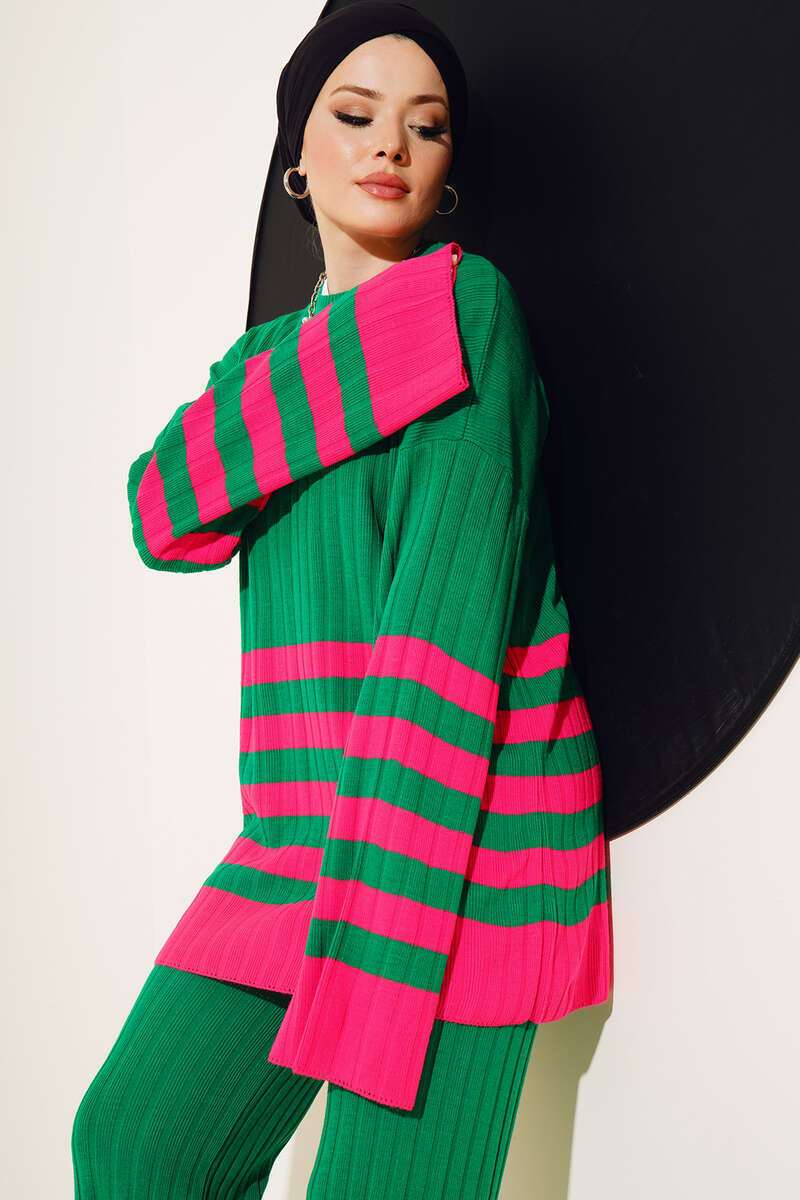 BNG Women Casual Striped Sleeve Knit Set Green - Clermont