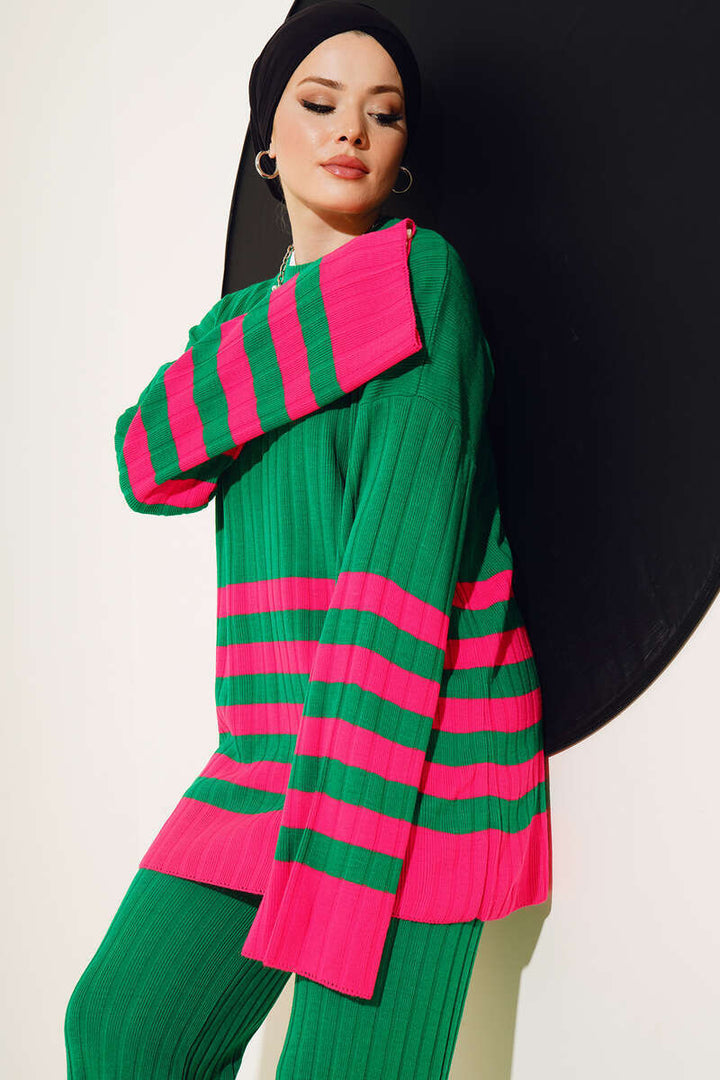 BNG Women Casual Striped Sleeve Knit Set Green - Clermont