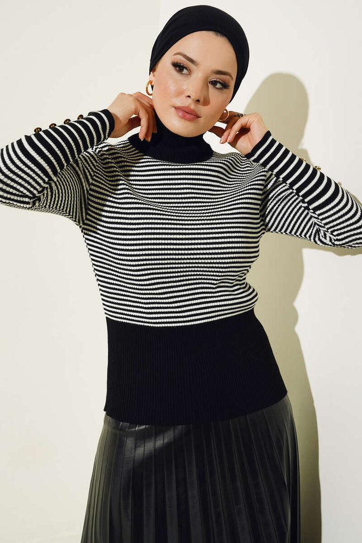 BNG Women Black Knit Bodysuit with Button Detail on the Sleeves - Clermont