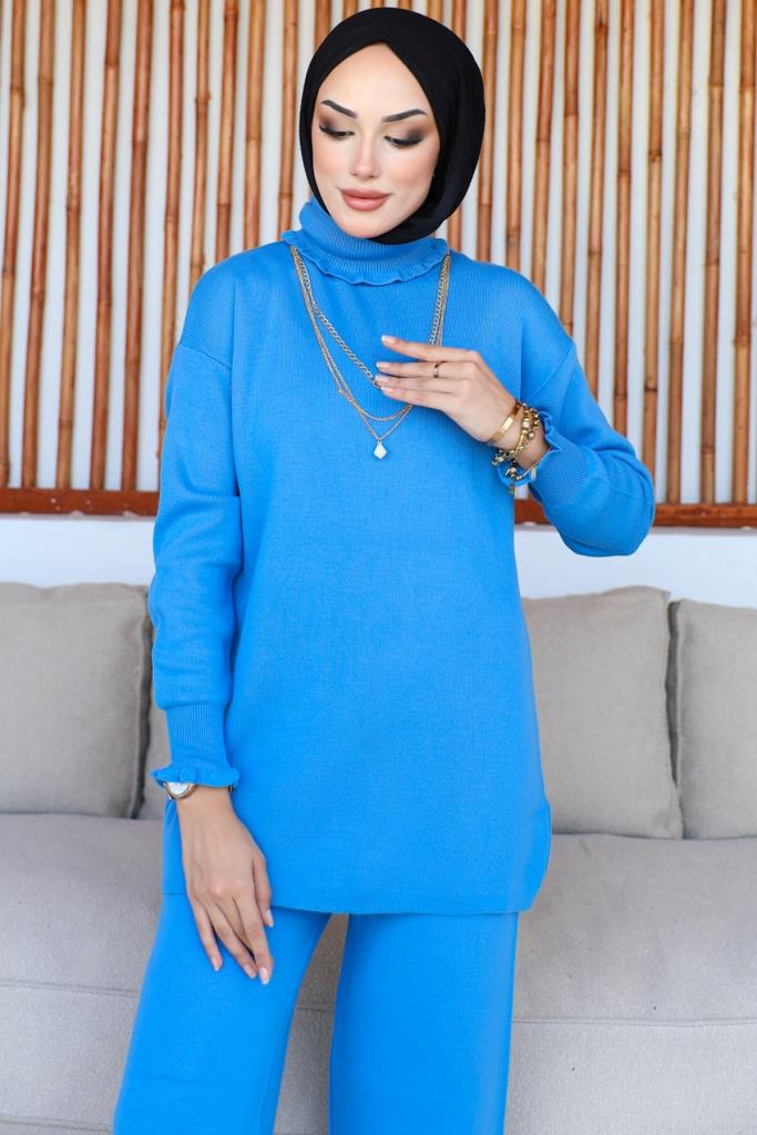 طقم بي إن جي نسائي مكون من قطعتين بياقة وأكمام مكشكشة باللون الأزرق - كليرمون