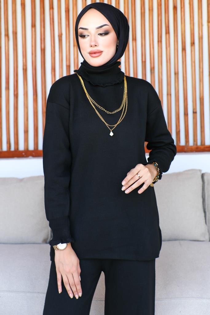 BNG طقم نسائي من قطعتين بياقة وأكمام مزركشة باللون الأسود - كليرمونت