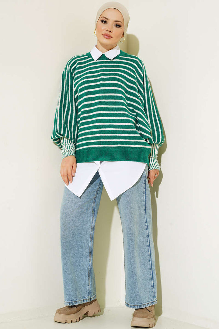 BNG Women Batwing Sleeve Striped Sweater Green - Clermont