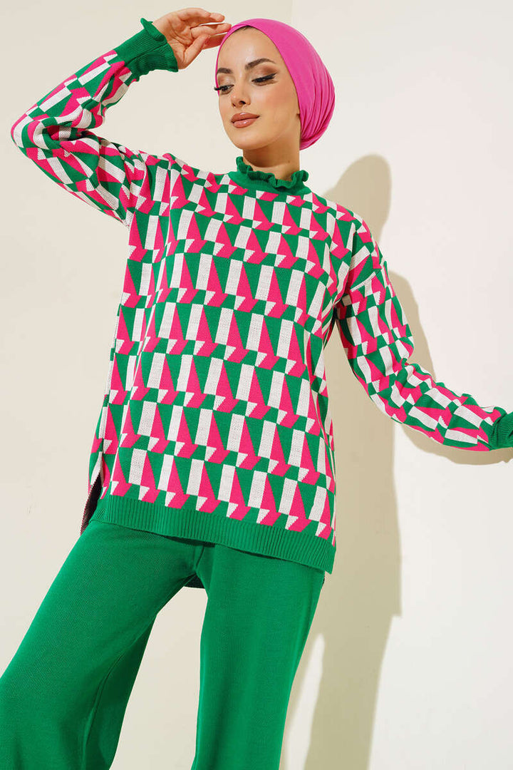 BNG Women Green Frilled Patterned Turtleneck Sweater - Clermont
